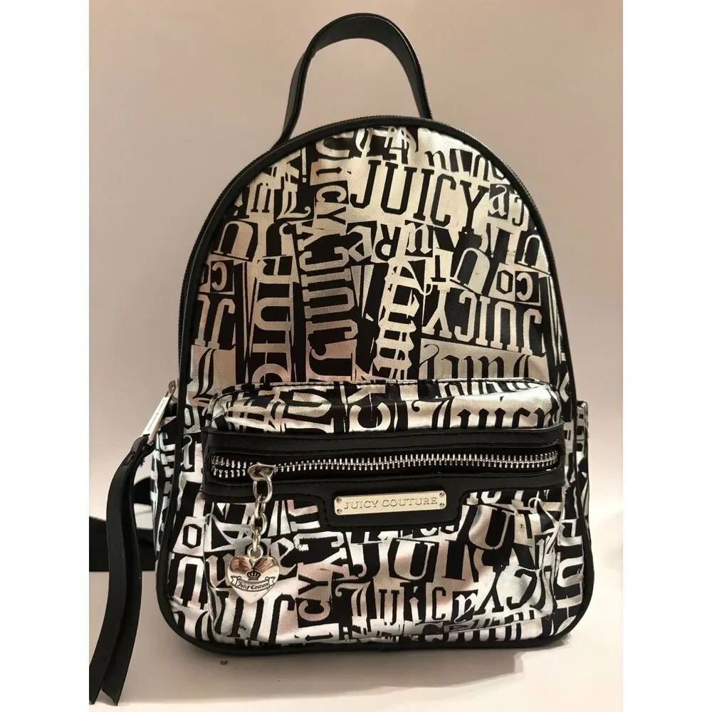 Juicy Couture Y2K Metallic Silver And Black Mini Backpack With Multi Pockets